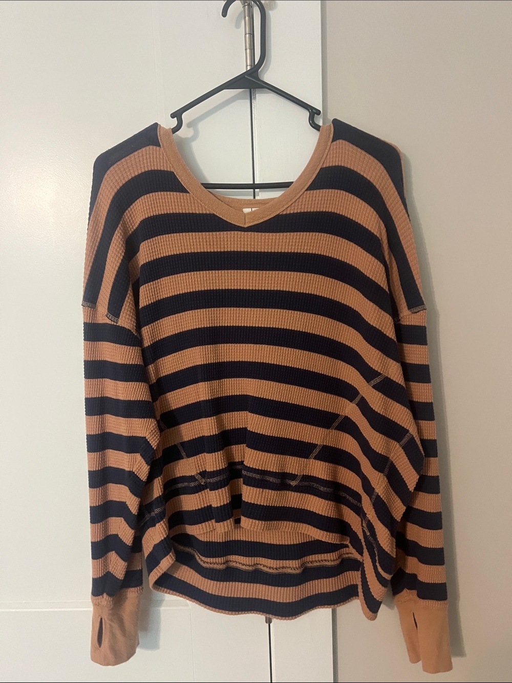 aerie Striped Waffle Knit Pullover - Navy & Tan